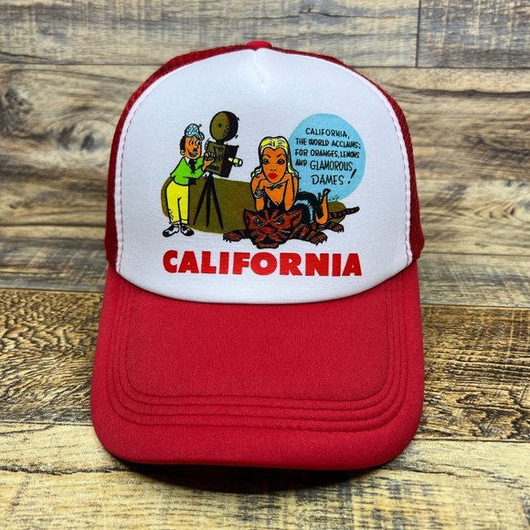 California Mens Trucker Hat Red Snapback 1950s Logo Tiger Model Baseball Cap - Picture 2 of 8